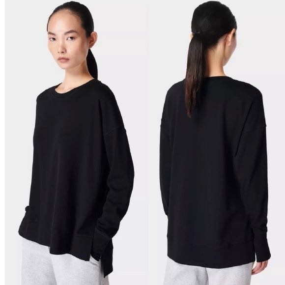 Sweaty Betty After Class Black High Low Side Slit Sweatshirt Thumb Holes Medium - Picture 1 of 12